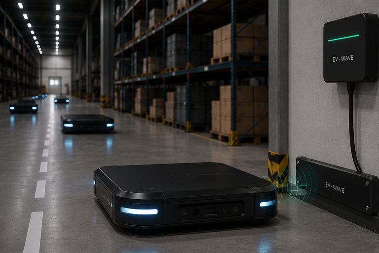 Robot AGV se déplaçant dans une longue allée d'entrepôt vers sa borne de charge murale EV-WAVE