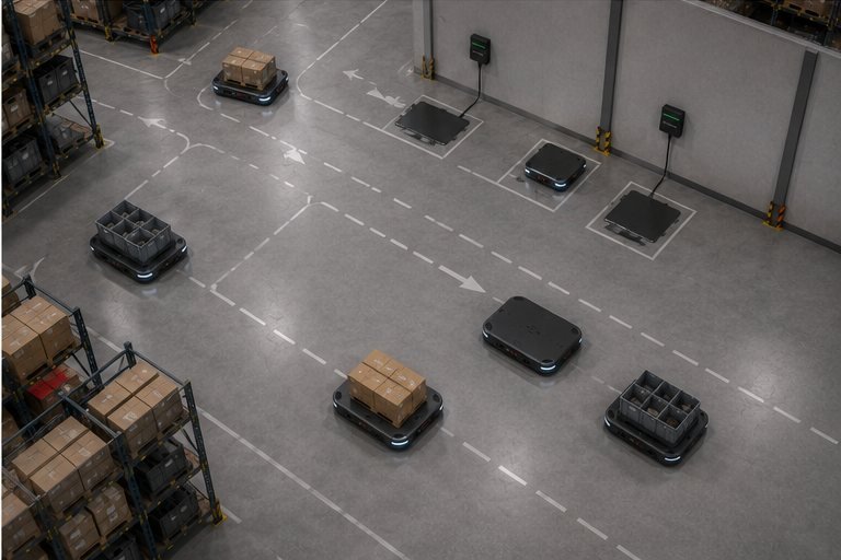 Vue aérienne d'une flotte d'AGV suivant des trajectoires guidées entre plusieurs bornes de charge EV-WAVE murales