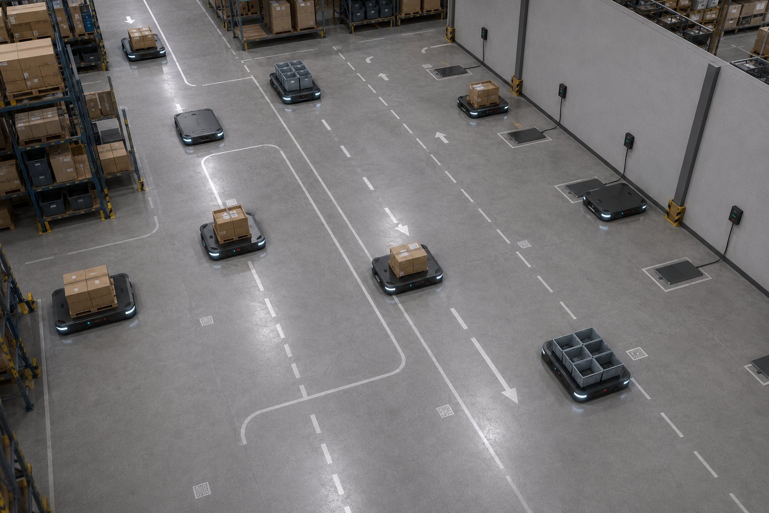 Flotte de robots AMR EV-WAVE se déplaçant librement entre les points de charge encastrés dans le sol de l'entrepôt