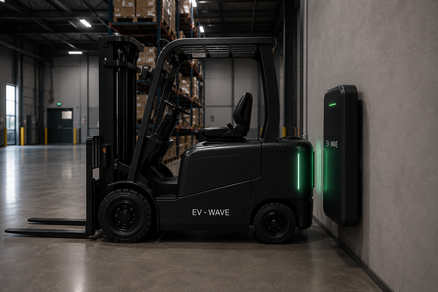Chariot élévateur électrique EV-WAVE se rechargeant par induction sur une borne murale, en entrepôt