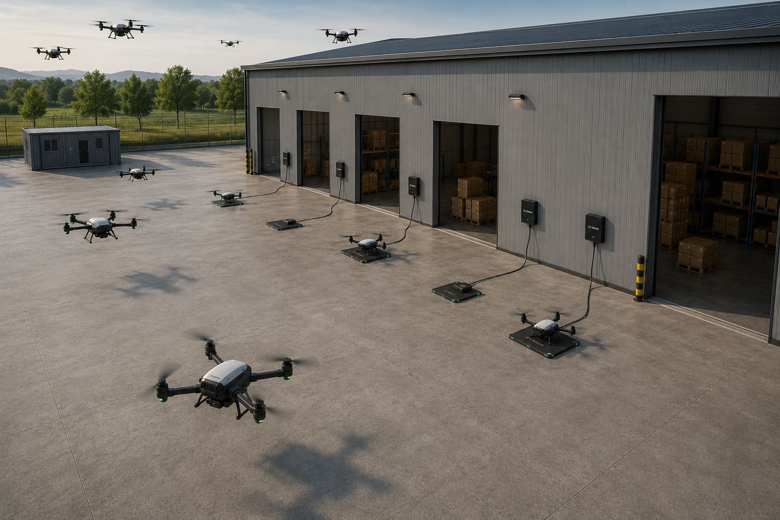 Flotte de drones EV-WAVE en charge devant un entrepôt