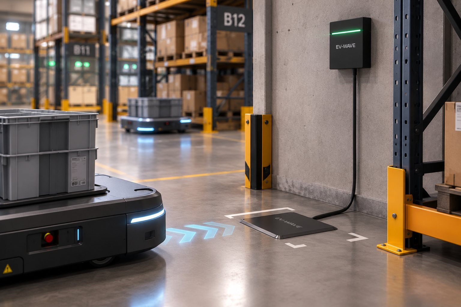 Robot AMR en charge par induction sur une borne EV-WAVE au sol, en entrepôt