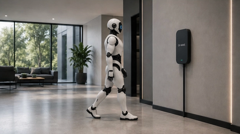 Robot humanoïde se déplaçant dans un couloir vers sa borne de charge murale EV-WAVE