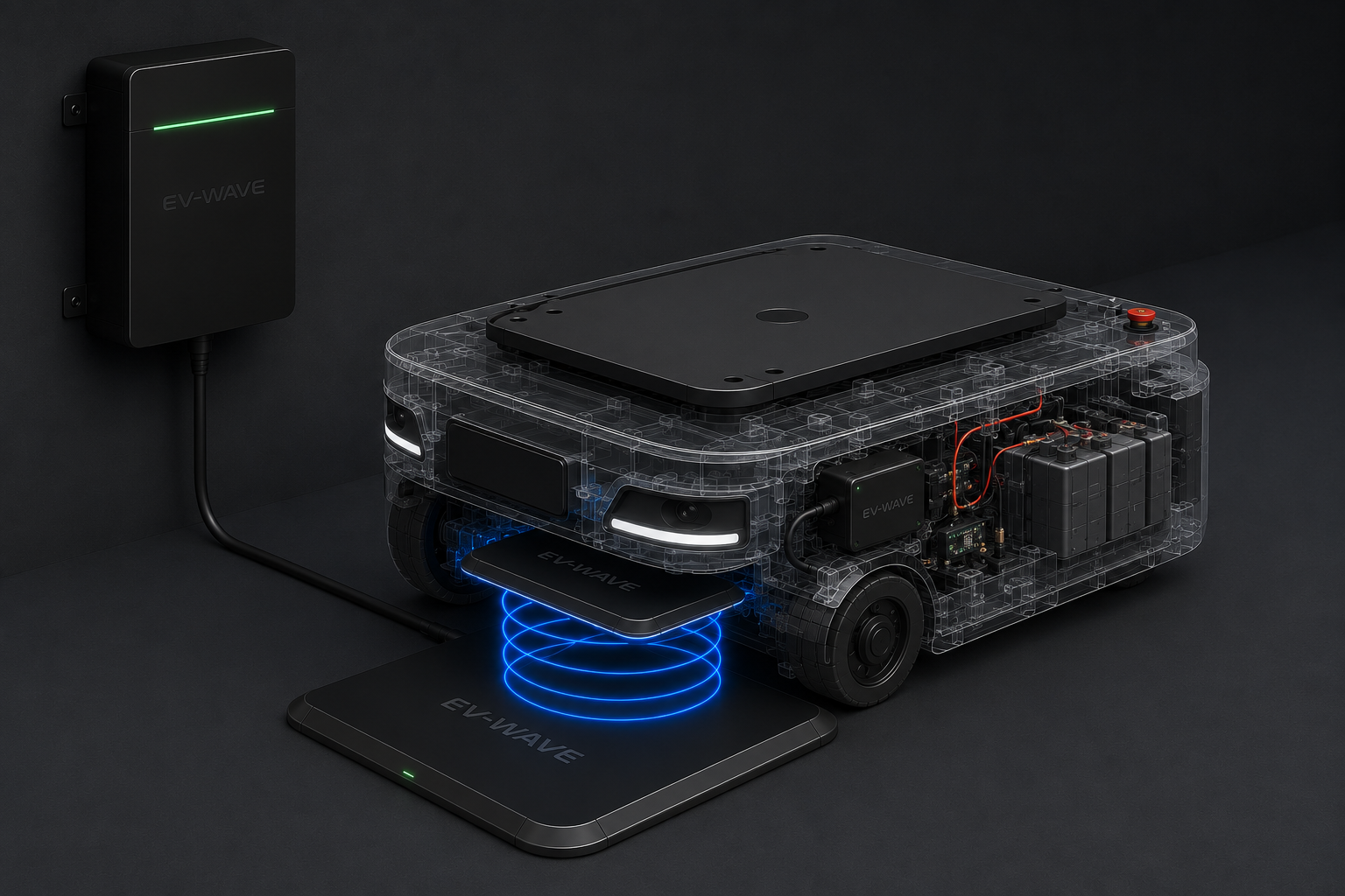 Vue éclatée d'un robot AMR avec le récepteur EV-WAVE installé sous le châssis, en charge sur la borne au sol