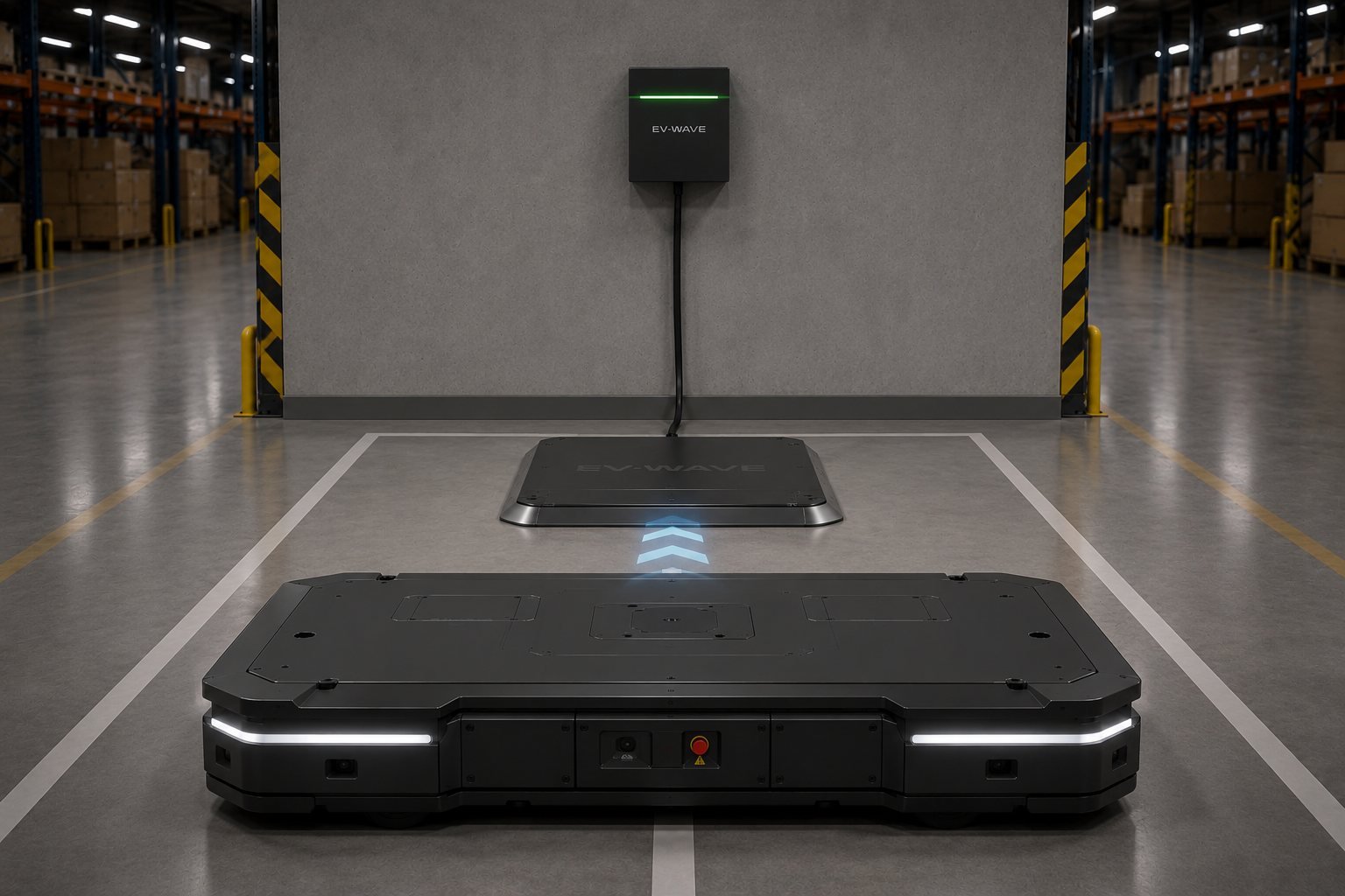 Borne EV-WAVE posée au sol dans un entrepôt