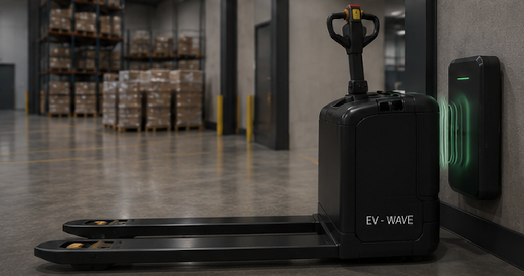 Transpalette électrique EV-WAVE en approche de sa borne de charge murale par induction