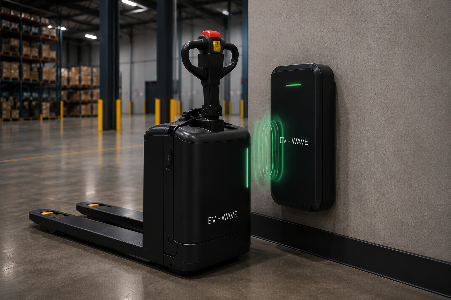 Transpalette électrique EV-WAVE en charge par induction sur une borne murale, ondes de transfert d'énergie visibles